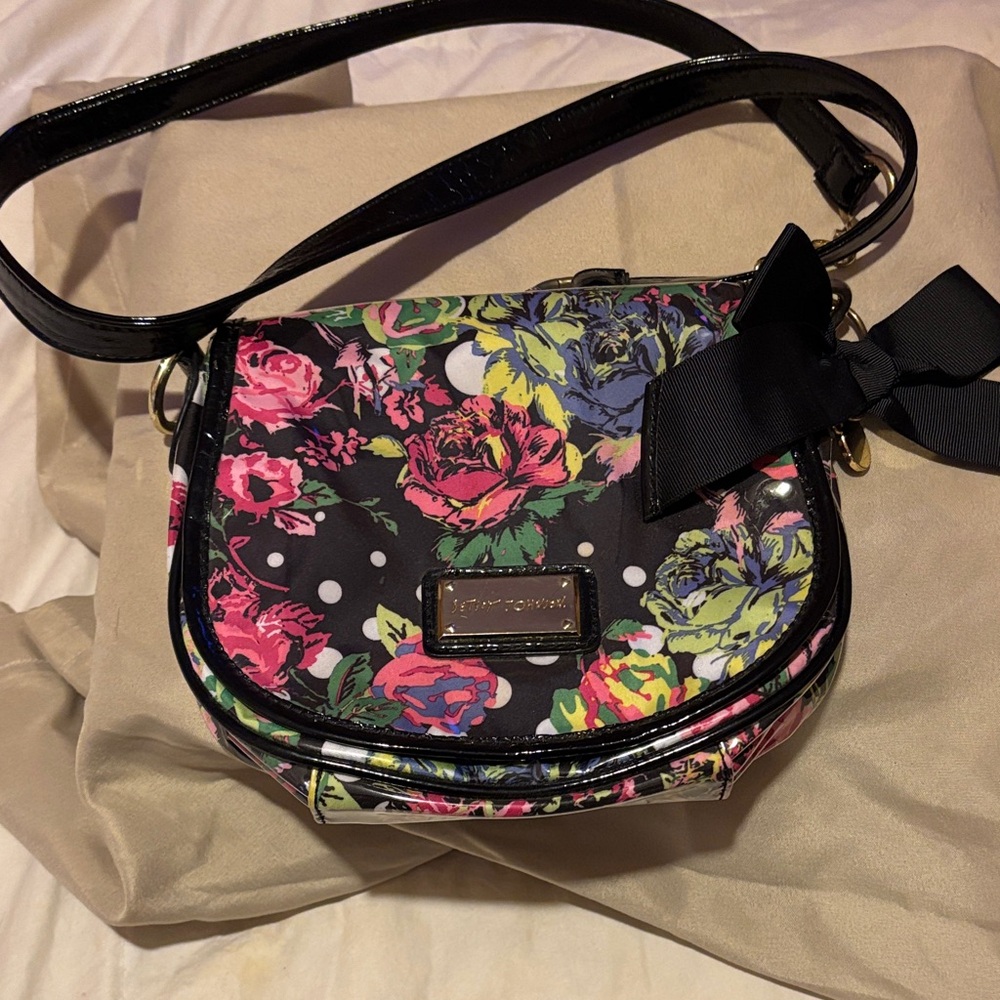 Betsey Johnson Floral & Polka Dot Crossbody Bag with Black Accents